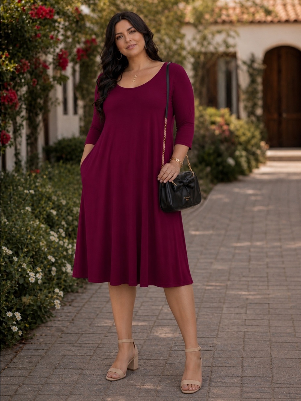 Zenana Outfitters Scoop Neck Midi Dress in Berry Plum